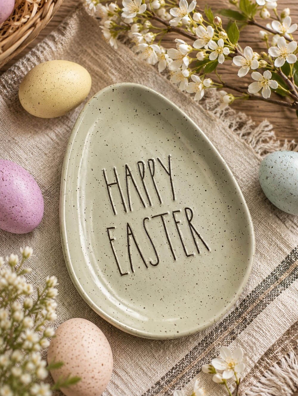 Rae Dunn "Happy Easter" Minty Green Speckled Egg Shaped Dish